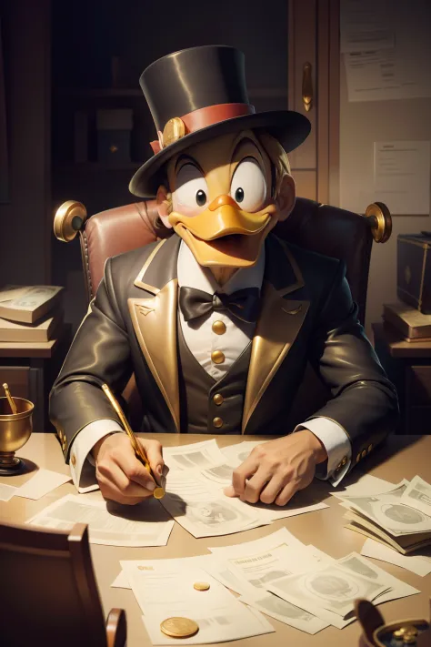 A Duck-Scrooge McDuck sitting in his office on a leather chair, gold coins on his desk, stack of dollar banknotes and gold bars ...