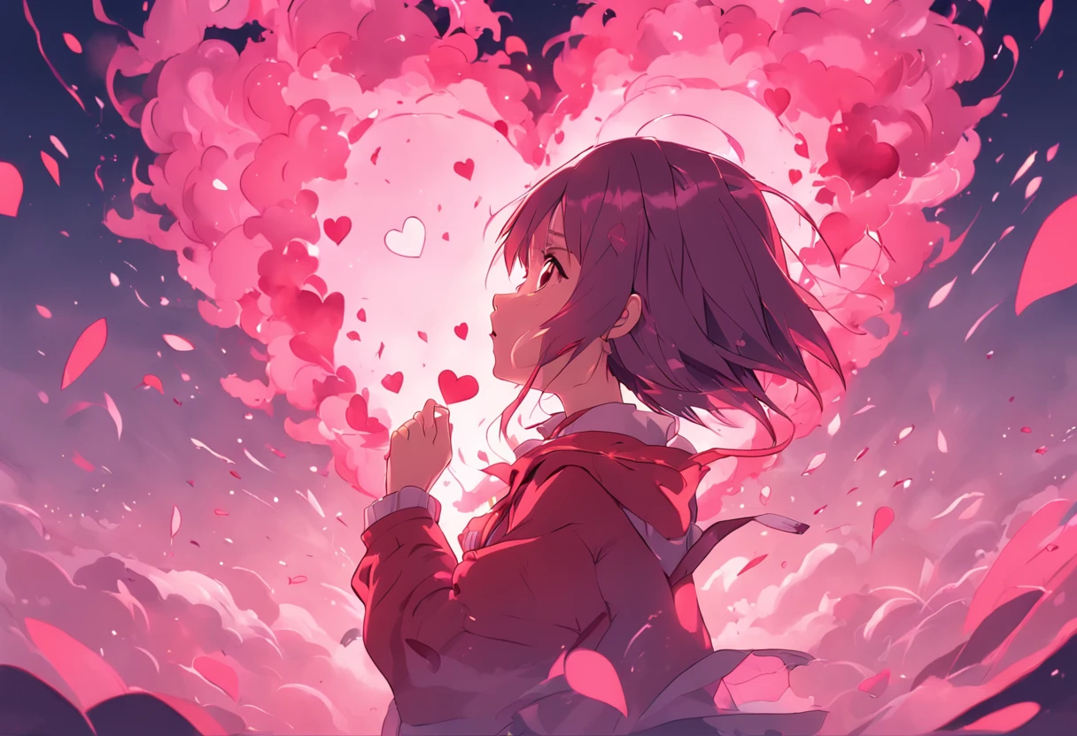 Anime girl with pink heart shaped petals in the air - SeaArt AI