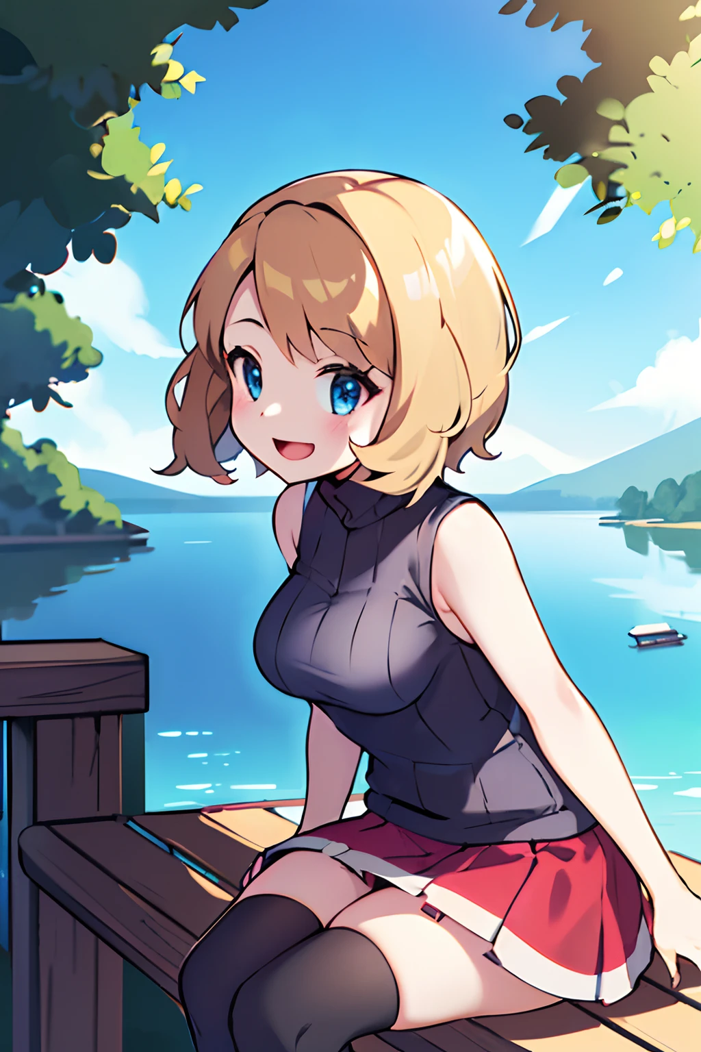 masterpiece, best quality, highres, serena \(pokemon\), short hair, blue earwear, blue eyes, 1girl, solo, sleeveless turtleneck, sweater vest, red skirt, black thighhighs, eyelashes, grey sweater, dark grey sweater, checkered skirt, short skirt, bangs, turtleneck sweater, sitting, side view, view from side, curvy, smiling, happy, medium breasts, teenager, lake, bench, skinny, hands on thighs, open mouth, looking at camera, jewelry, facing camera, slightly leaning forward,