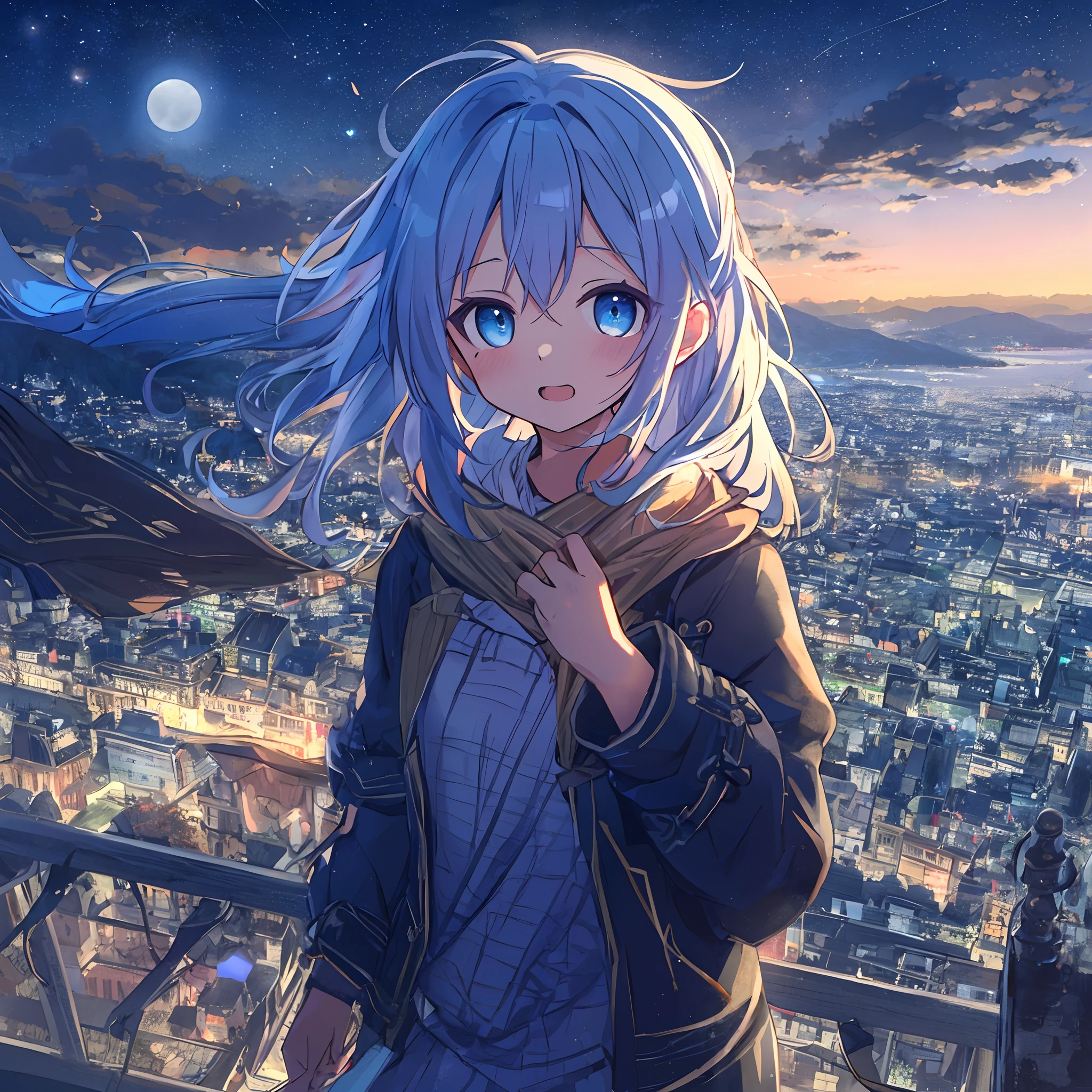 absurderes, hight resolution, (Anime style:1.1), ((masutepiece)), ((Best Quality)), (Ultra-detailed), (Beautiful), 独奏, Beautiful face、(liftup),Cute girl standing on mountain with beautiful view of night view of delicate city at night,Wind,Light blue hair, Blue eyes,Casual clothing,Laugh,Looking at Viewer,Lens Flare,Dramatic,Admire the night view、Don't look here