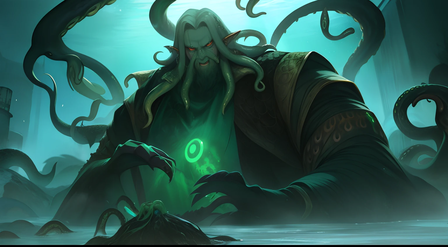 Cthulhu,Monster,(tentaculata:1.35)，A polluted underwater world，Gloomy picture，(Nuclear contamination:1.35)，（face:1.35）,（sarcoma：1.35）