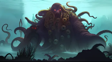 Cthulhu,Monster,(tentaculata:1.35)，A polluted underwater world，Gloomy picture，(Nuclear contamination:1.35)，（face:1.35）,（sarcoma：1.35）