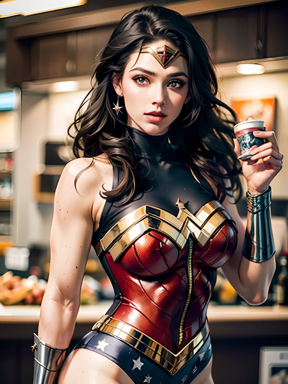 Wonder Woman holding a cup of coffee, Masterpiece, Candid Photo, Wonder Woman, (detalhes delicados, maquiagem), (rosto delicado e bonito delicado, olhos delicados e bonitos, face with perfect proportions), (pele delicada e radiante: 1.2), pele delicada, olhos azuis fortes e realistas, cabelo preto realista, labia, maquiagem, textura natural da pele, tiara, joias, estrela \(simbol\), leotard, Bulletproof gauntlet, botas de combate vermelhas,  cinto de ouro, (Public costume: 1.5), ombros nus, levemente queimado de sol, maduro, sexy, elastic muscles, (Muscles: 1.2), ((strong and healthy body)), (mais) Muscles))), pernas longas, curvas, (seios grandes: 1.3), cintura fina, cintura macia, (pele delicada), (mulher bonita e sexy), (puffy lips: 0.9), (Cilia: 1.2), (pele oca), very delicate muscles, seios, solo, split, rosto bonito, corpo perfeito, musculoso, rosto detalhado,  detalhes realistas da pele, foco claro, rosto realista, pele realista, olhos detalhados, detailedfacialfeatures, (no supermercado colorido), desespero, cansado, boca aberta, mulher madura, alto detalhe, muito detalhado, retro,Com. AXicara the café , saindo fumaca