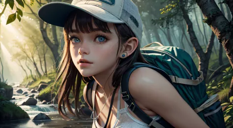 Outdoor girl，backpacks，ln the forest，Stream，High scoring rate，high qulity，Textured skin