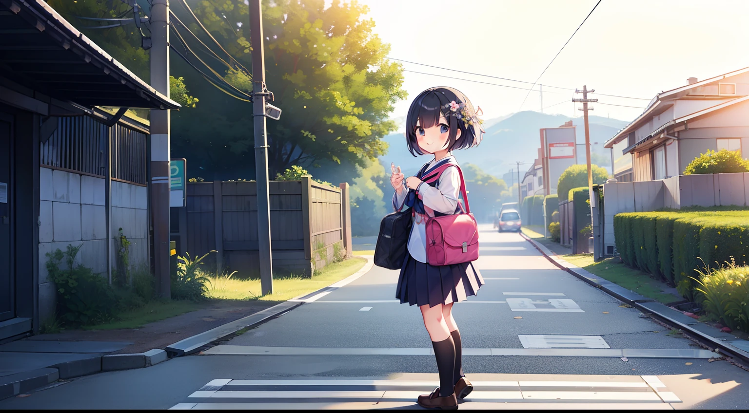 Octane Render、(Hyper-detailing: 1.15)、(Soft light、sharp: 1.2)、morning、Elementary school girl with school bag walking on a road parallel to the railway tracks、Raising the right hand、Vigorous、You can see the sea in the background, I see the train、（ hair adornments、Floral hair ornament）、 masutepiece, Anatomically correct、A smile, radiant light、Shinkai Makoto style