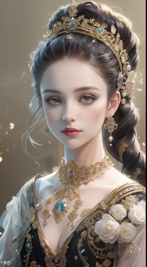 tmasterpiece，Highest high resolution，Beautiful bust of a noble lady，Delicate black braided hair，Brown clear eyes，The hair is covered with beautiful and delicate floral craftsmanship, Crystal jewelry filigree，Ultra-detailed details，upscaled。Soft lighting
