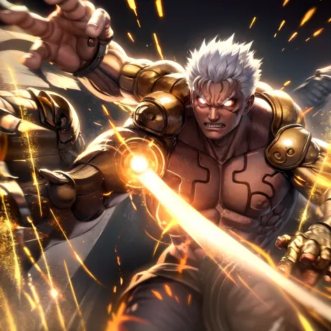 ((masterpiece, best quality)),(complex light),solo,solo focus,1boy,asura, white hair, glowing eyes, furious, golden arms, simple background, fighting stance, destroyed debris background