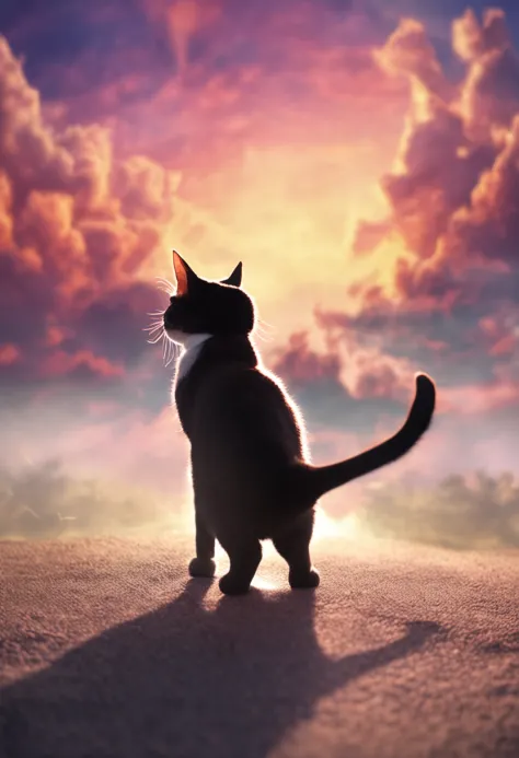 masterpiece, best quality, movie still, tuxedo cat, shake hand, cute, cat cloud girl, floating in the sky, close-up, bright, happy, warm soft lighting, sunset, (sparks:0.7)