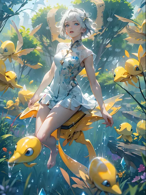 (Best Quality, Masterpiece: 1.1), (Realistic: 1.4), Beautiful naked schoolgirl is riding on the yellow squid, god ray, teen, sil...