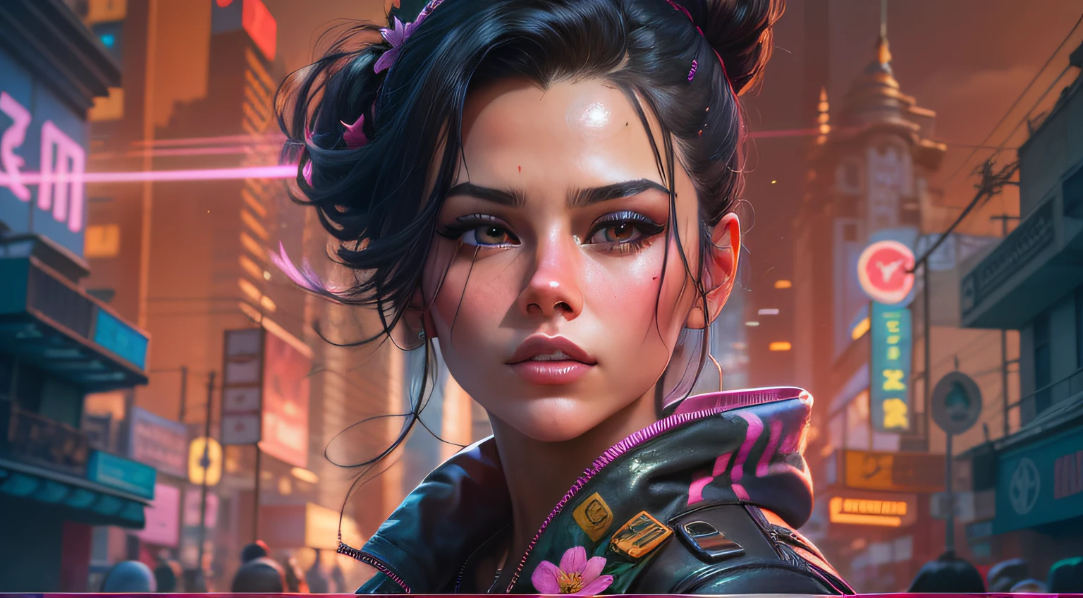 A woman in a cyber city with a pink background - SeaArt AI