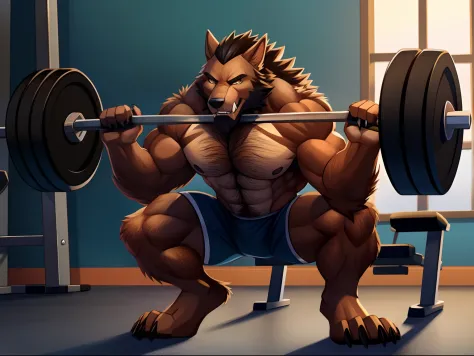 muscular werewolf，Hairy all over，clawed paws，erect through，Work out in the gym