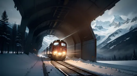 The sound of the train reverberates throughout the tunnel surrounded by icy mountains as it passes aloft 
speed. The surrounding mountains are covered in snow, The sky is dark and overcast. The light of the train illuminates 
The inside of the tunnel, que ...