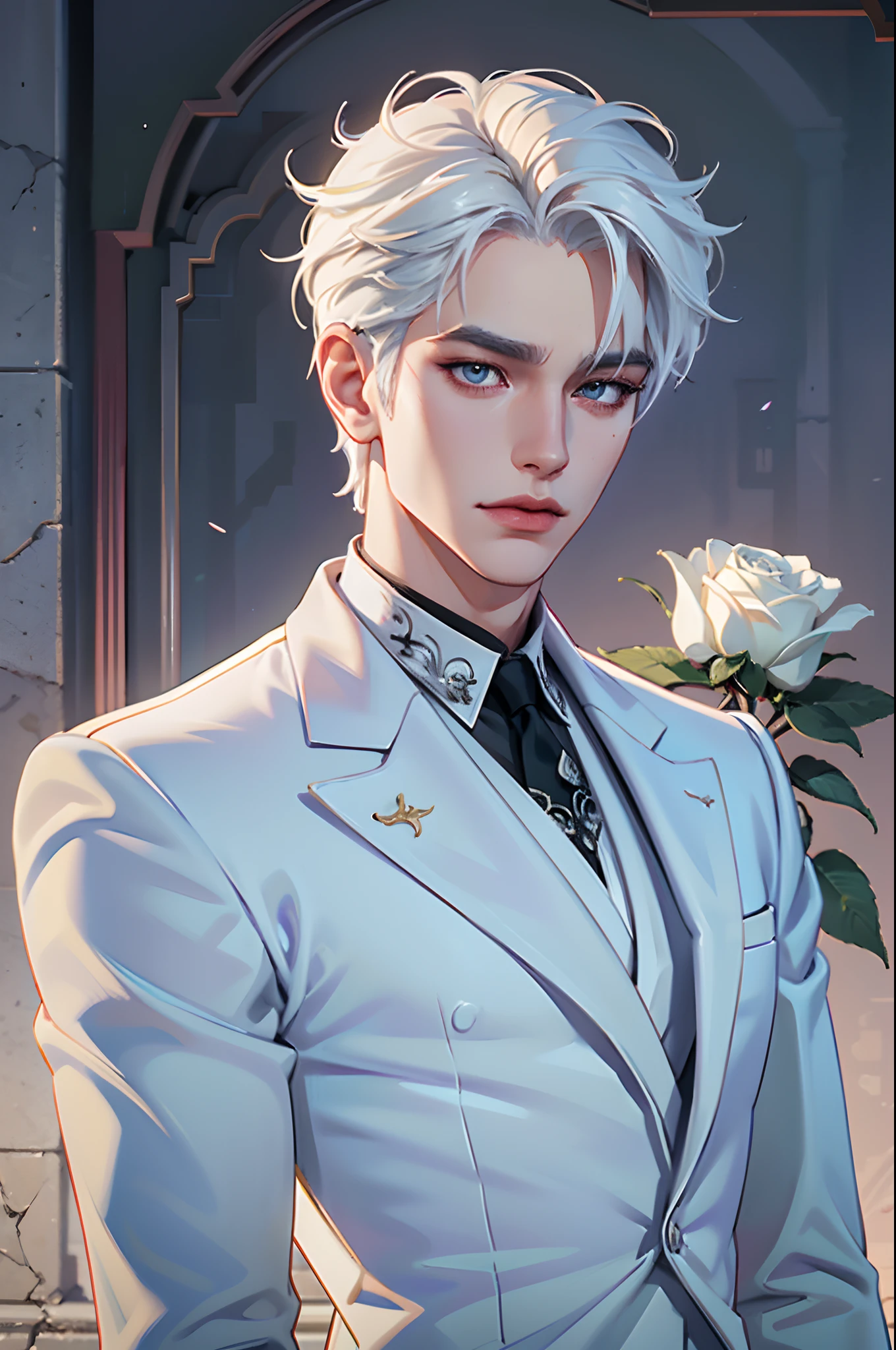 there is a man with white hair and a white suit holding a rose, by Yang J, ig model | artgerm, extremely detailed white haired deity, beautiful androgynous prince, neoartcore and charlie bowater, epic exquisite male character art, approaching perfection, shot with Sony A7 IV for HD image quality, studio lighting, light floral bloom