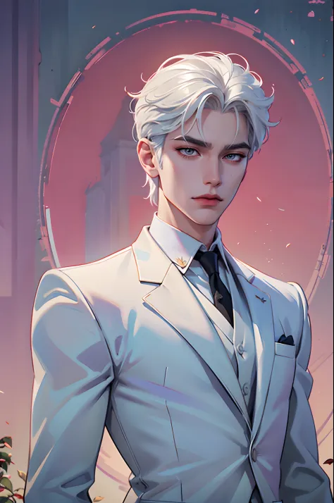 there is a man with white hair and a white suit holding a rose, by Yang J, ig model | artgerm, extremely detailed white haired deity, beautiful androgynous prince, neoartcore and charlie bowater, epic exquisite male character art, approaching perfection, s...