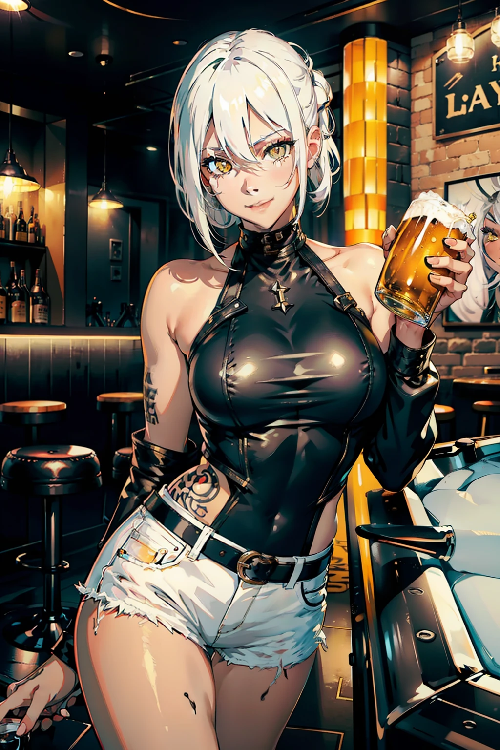 girl, white hair, Yellow eyes, black skin, wearing black leather jacket, white shirt, short jeans in a bar, Holding a beer mug, Tattoed arm, ,smiling, pool table background, alcohol, drunk face, 4k, good anatomy, play master, detailed face, whin