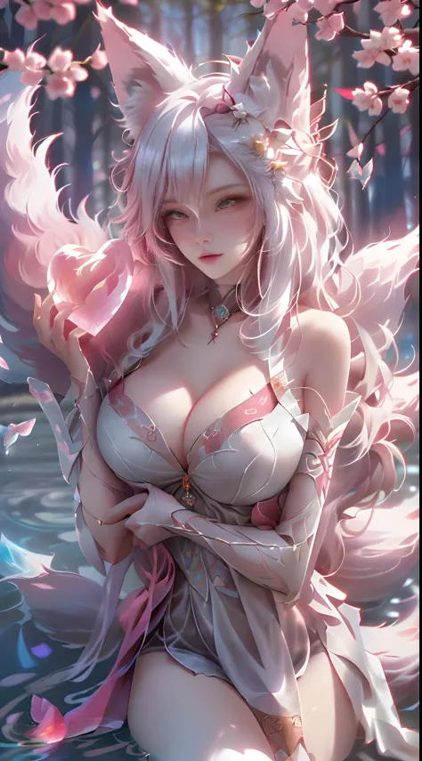 (Fox ears white hair girl，full bodyesbian，dynamicposes)，tmasterpiece，beautifuldetails，(((huge tit))),，Extremely colorful，Exquisite details，Delicate lips，The details are complex，Realiy，Ultra photo realsisim，A girl and a white-haired fox sit on a branch：1.1，...