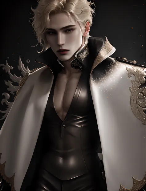 masterpiece, ultra detailed artistic photography of a beautiful guy vampire model, 1boy, perfectly drawn face, A white cloak flu...