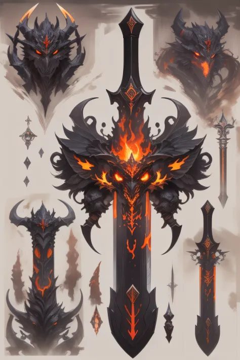 "Blazing mythical sword with molten lava dripping on obsidian blade, adorned with demonic runes, meticulously detailed, showing ...