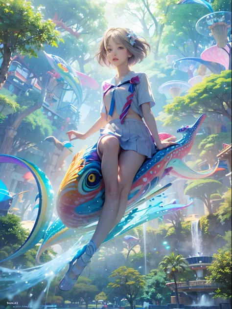 (Best Quality, Masterpiece: 1.1), (Realistic: 1.4), Beautiful naked schoolgirl is riding on the rainbow squid, god ray, teen, si...