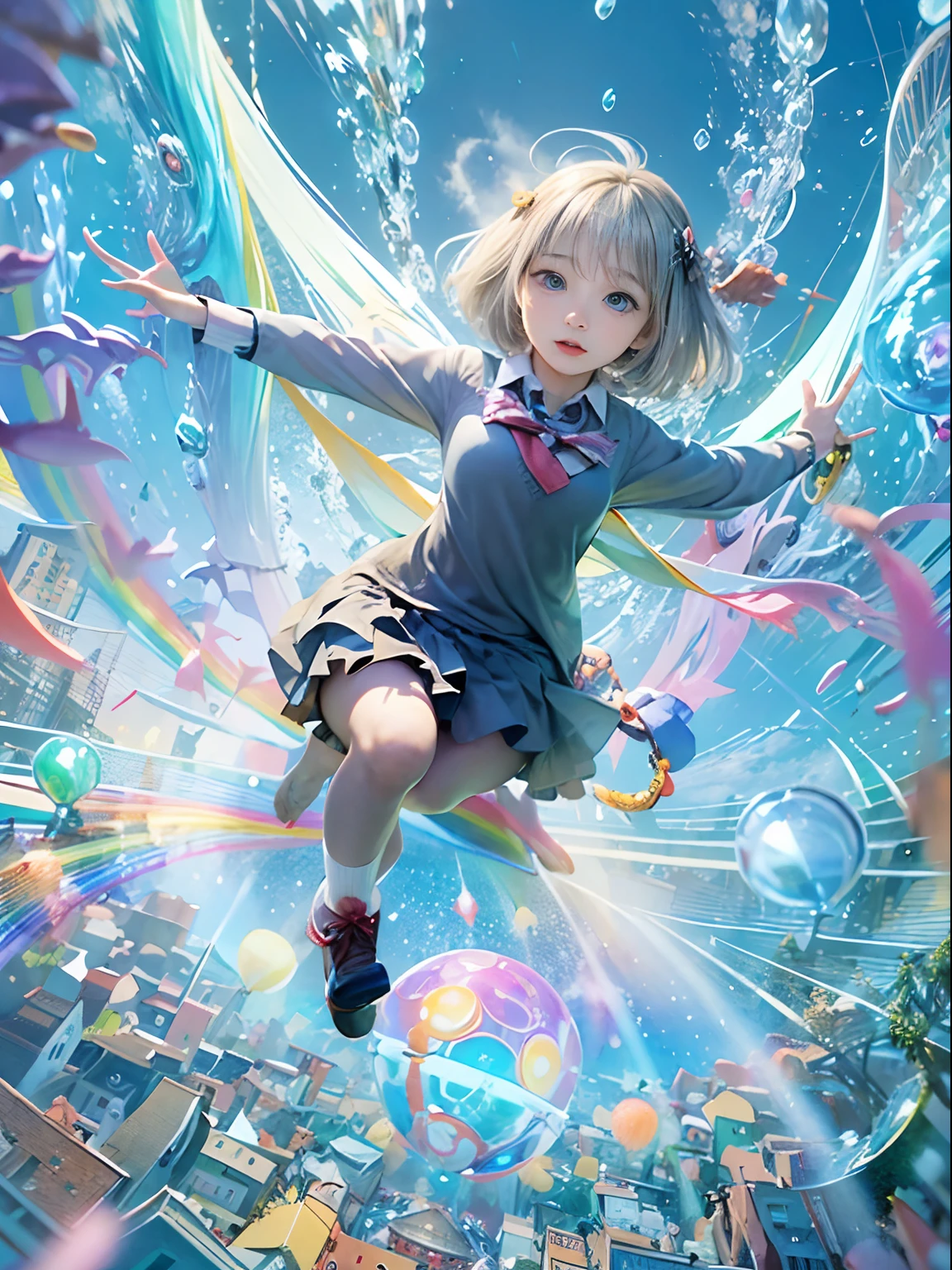 (Best Quality, Masterpiece: 1.1), (Realistic: 1.4), Beautiful naked schoolgirl is riding on the rainbow squid, god ray, teen, silver short hair, blue eyes, full body, from below, hourglass body shape, flying over the park, crystallineAI, fractal art, splash