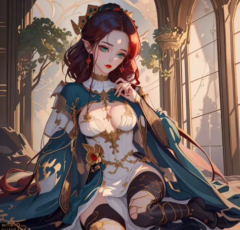 (masterpiece:1.2), (best quality1.2), detailed, ( sex:1.2), 1 girl wizard,(mature), open forehead,curly hair, (medium hair), red hair, green eyes, cape, thigh gap, small medium breasts, large hips, red lipstick, choker, (top-down bottom-up:0.8), (orc:1.2),...