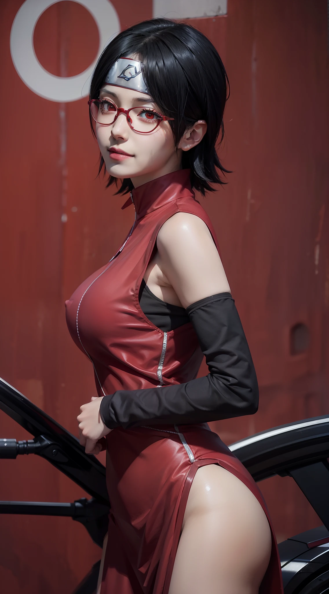 1 Mädchen, Sarada Uchiha im Anime Naruto, kurzes Haar, sexy Kleid, Schwarzes Haar, rote Augen, lächeln, Schön, schwarze Kleidung, trägt eine rote Brille, sehr große Brust, sexy Kleidung, Realistisch clothes, detail kleidung, Outdoor-Hintergrund, Ultra-Detail, Realistisch