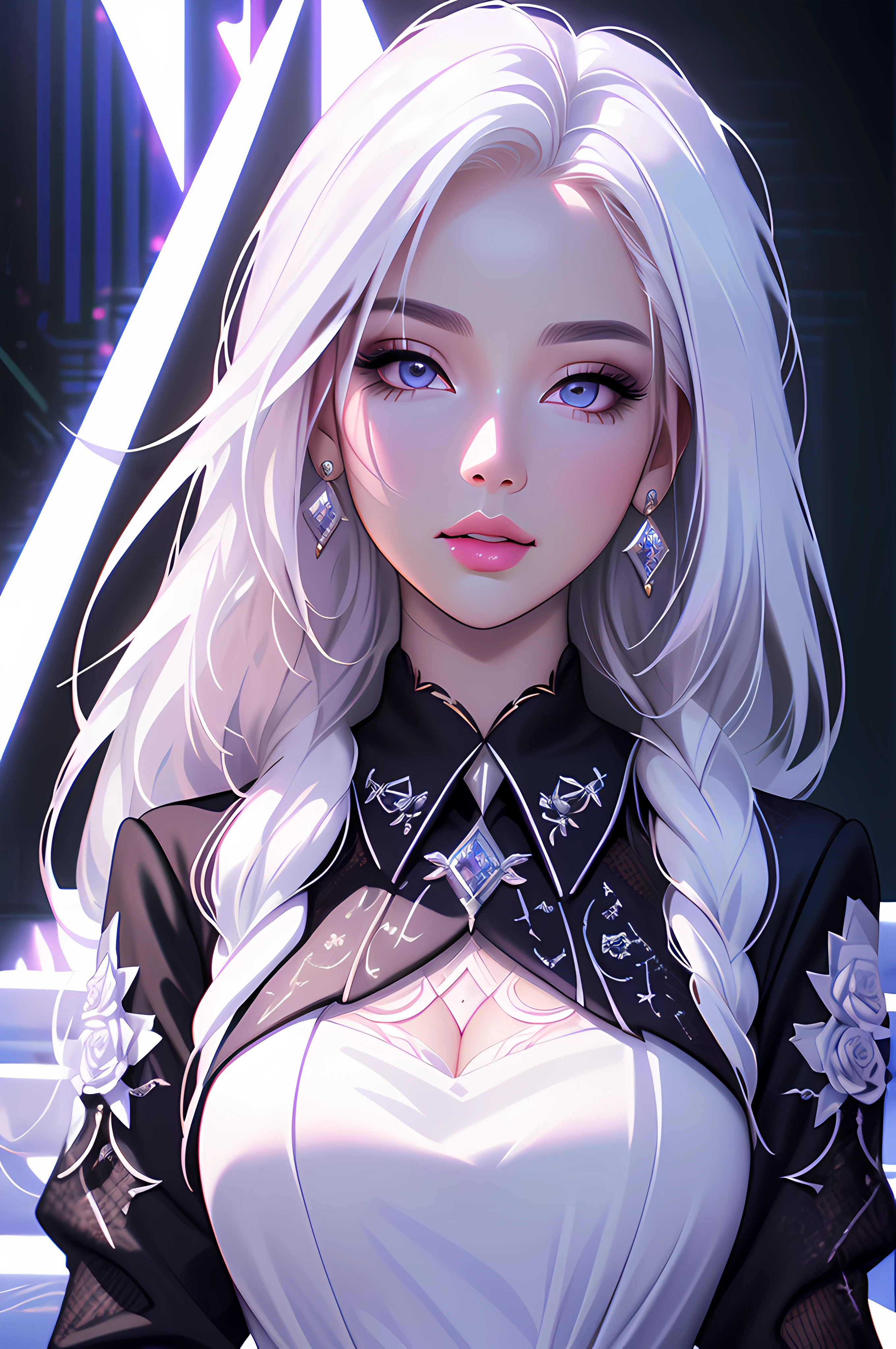 (masterpiece, sidelighting, finely detailed beautiful eyes: 1.2), 3d face, realistic, perfect face, masterpiece, highest quality, approaching perfection, (perfect face:1.1), (high detail:1.1), dramatic, (woman), pale skin, (long pure white hair:1.4), white eyes, solo, long hair, white luxury fur coat, white dress, snob, albino, Luminous Studio graphics engine, pouty lips, volumetric lighting, detailed eyes, (8k wallpaper masterpiece), hyper detailed, intricately detailed, overwhelmingly pixel perfect, roses, fashion, on side, looking at viewer