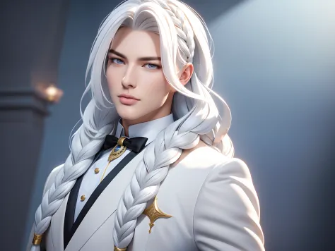 1guy, gorgeous dapper Elysian male with perfect balance of masculine and feminine features, (stunning long pure white hair, 1braid), white and powder blue tetradic colors, perfect anatomy, approaching perfection, stern gold eyes, 8k resolution, (Single per...
