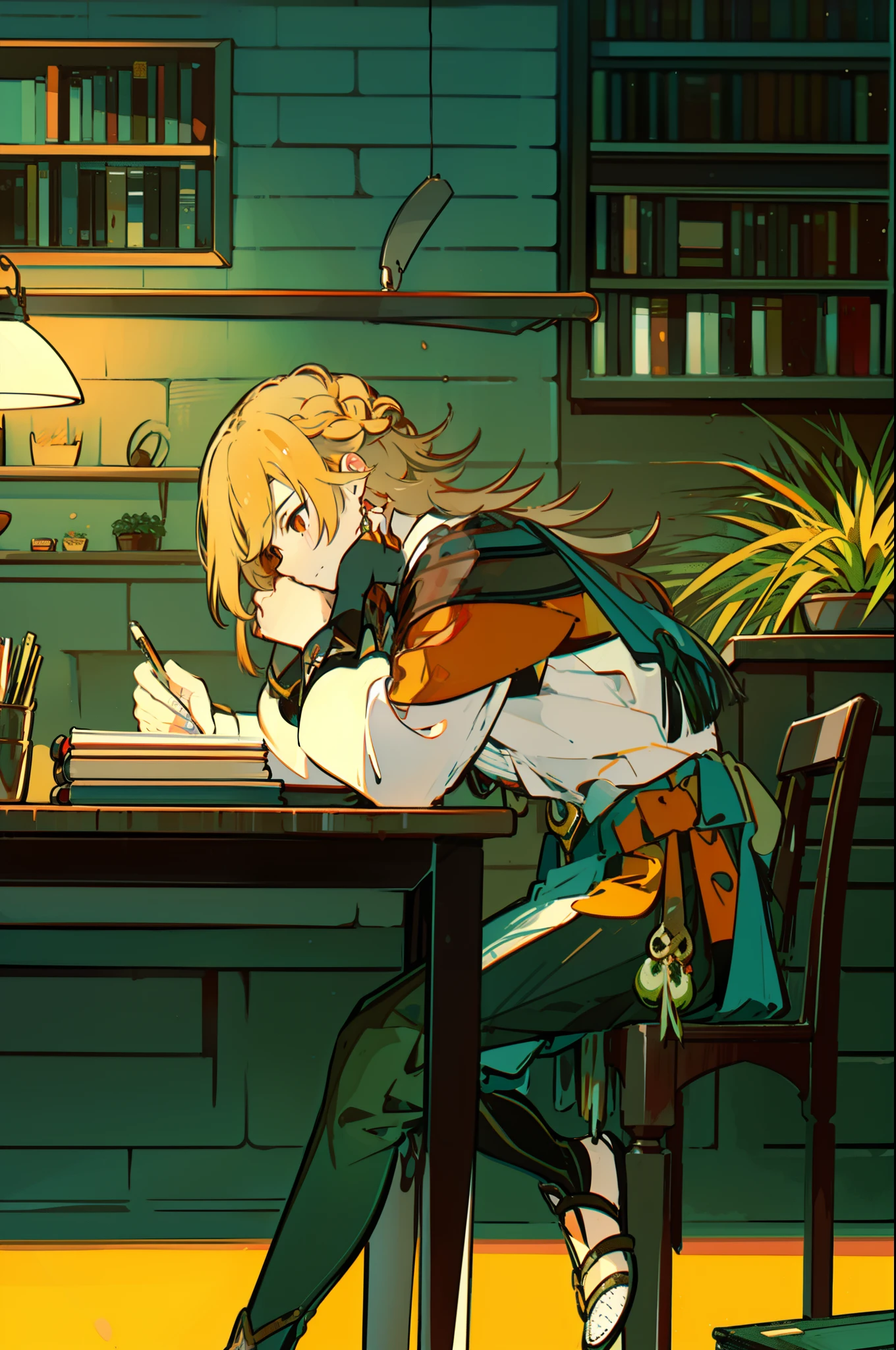 sitting at desk, 1 man, writing in a book, desk lamp, detailed environment, bookshelves in background, potted plants, scrolls, from_side, writing, lofi study, brown, red, yellow, orange, green