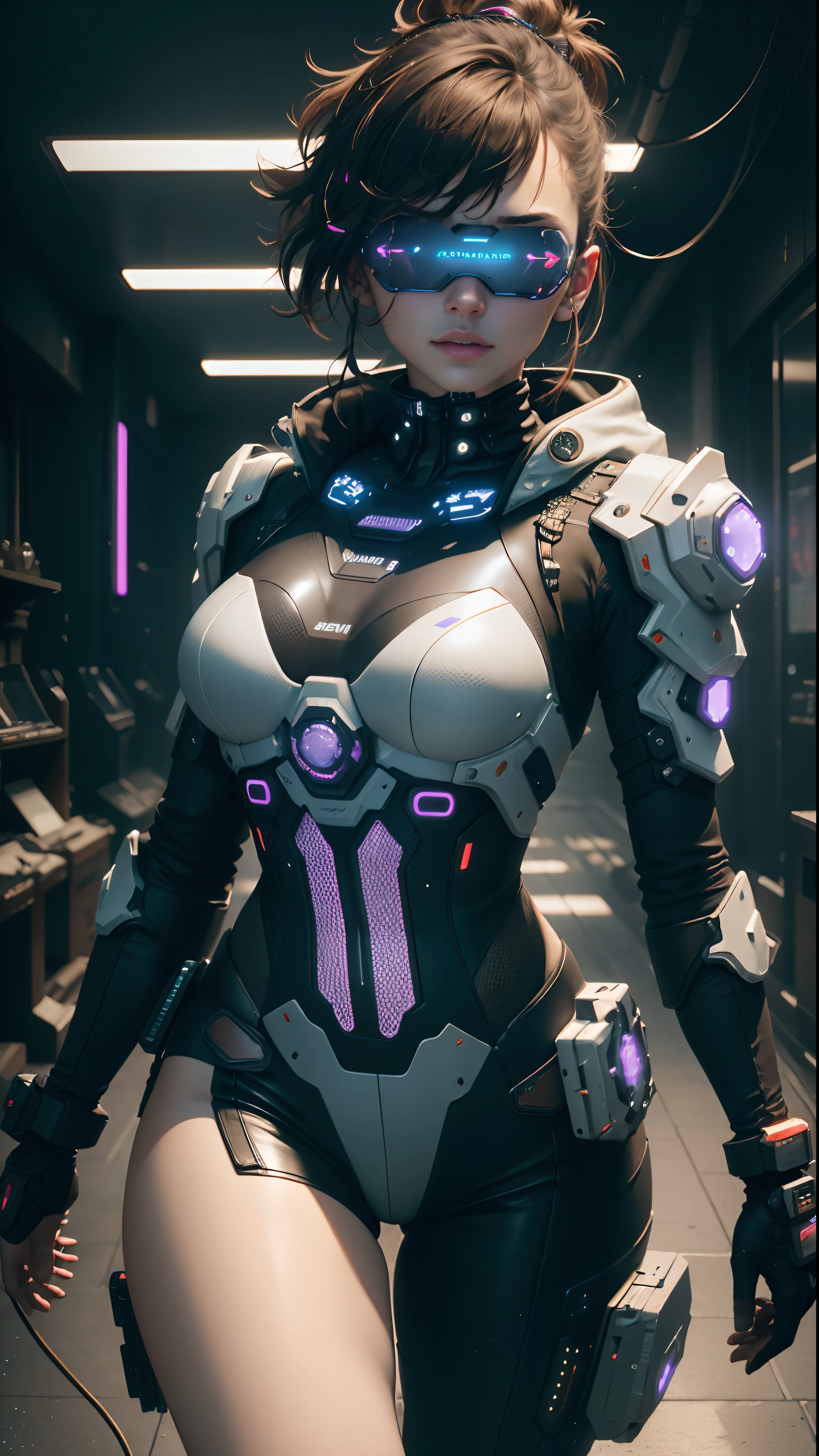 ((Best Quality)), ((Masterpiece)), (Very detailed:1.3), 3D, Beautiful (Cyberpunk:1.3) Female hacker, Mohican hairstyle, back to viewer, thick hair, operating computer terminal, head-mounted display, computer server, LCD screen, fiber optic cable, company logo, HDR (high dynamic range), ray tracing, nvidia RTX, super resolution, Unreal 5, subsurface scattering, PBR texture, post-processing, anisotropic filtering, depth of field, Maximum sharpness and sharpness, multi-layered textures, albedo and highlight maps, surface shading, accurate simulation of light-material interactions, perfect ratios, octane rendering, duotone lighting, low ISO, white balance, rule of thirds, wide aperture, 8K RAW, efficient sub-pixels, subpixel convolution, luminous particles, dynamic pose