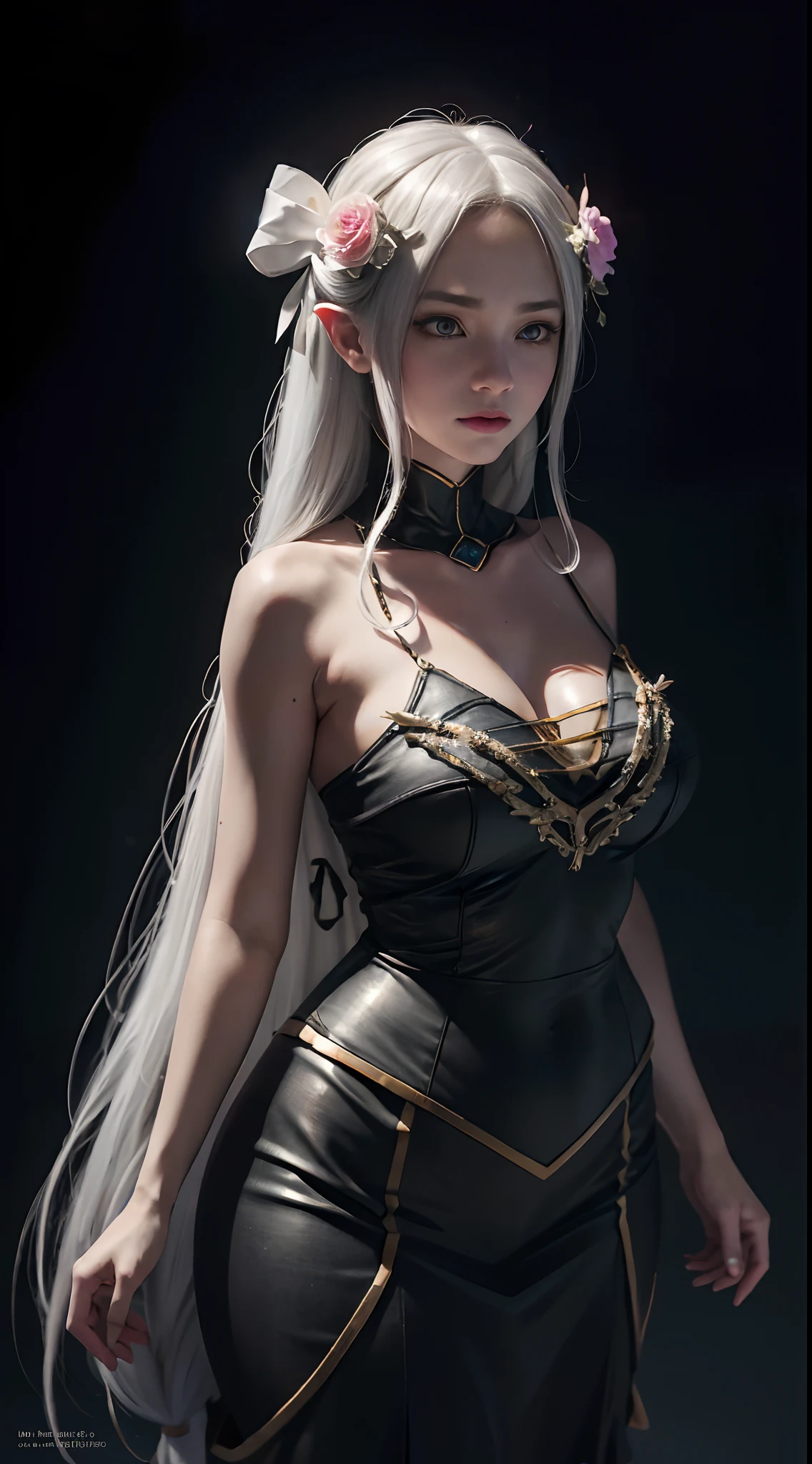 whaite hair, White hair, Messy hair, Very long hair, hair splayed out, Halo, crown, Hair ribbon, hair flower, Hair Bow, hair adornments, ribbon, hair bobbles, Gradient eyes, Pupil of the slit, Devil Eyes, Pointy ears,huge tit，Wide hips，Inguinal vest line irrigation, nose blush, romanticism lain, High detail, Ukiyo-e, Chiaroscuro, Cinematic lighting, god light, Ray tracing, close look, f/16, Nikon, Sony FE GM, Masterpiece, hyper HD, Textured skin, Super detail, Award-Awarded, Best quality, A high resolution, 8K