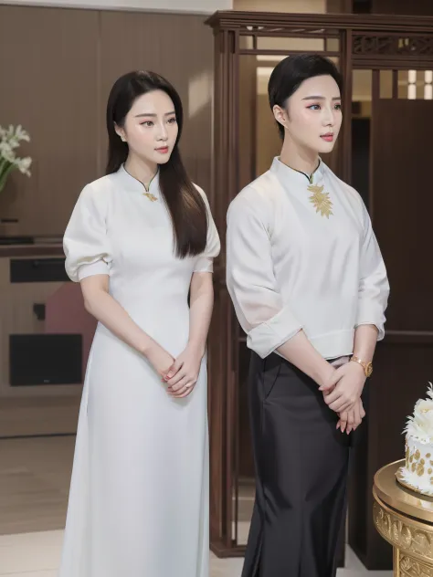 they are standing in front of a cake with a gold top, ao dai, lovely couple, duy beni serial, in style of lam manh, dang my linh, 165 cm tall, wearing white cloths, 155 cm tall, wearing white dress, profile picture, 🤬 🤮 💕 🎀, profile image, hoang long ly