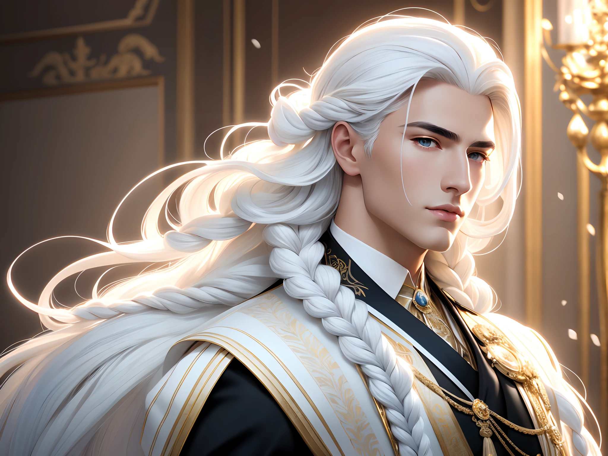 1guy, gorgeous dapper Elysian male with perfect balance of masculine and feminine features, (stunning long pure white hair, 1braid), white and powder blue tetradic colors, perfect anatomy, approaching perfection, stern gold eyes, 8k resolution, (Single person), masterpiece, perfect face:1.2), intricate details, opulent detailed background, full lips, curvy guy, cinematic lighting,nijistyle