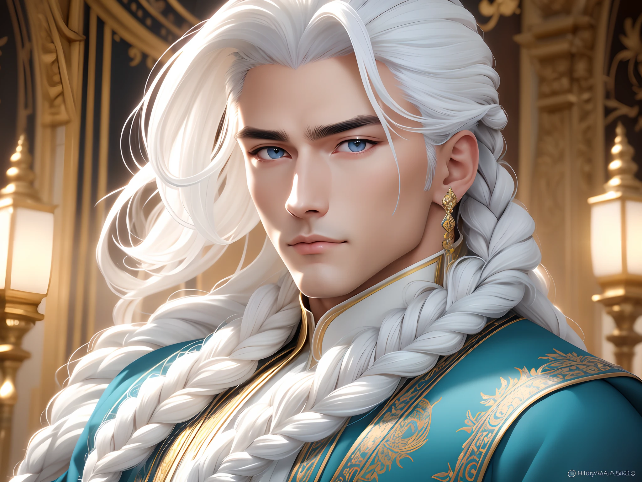 1guy, gorgeous dapper Elysian male with perfect balance of masculine and feminine features, (stunning long pure white hair, 1braid), white and powder blue tetradic colors, perfect anatomy, approaching perfection, stern gold eyes, 8k resolution, (Single person), masterpiece, perfect face:1.2), intricate details, opulent detailed background, full lips, curvy guy, cinematic lighting,nijistyle