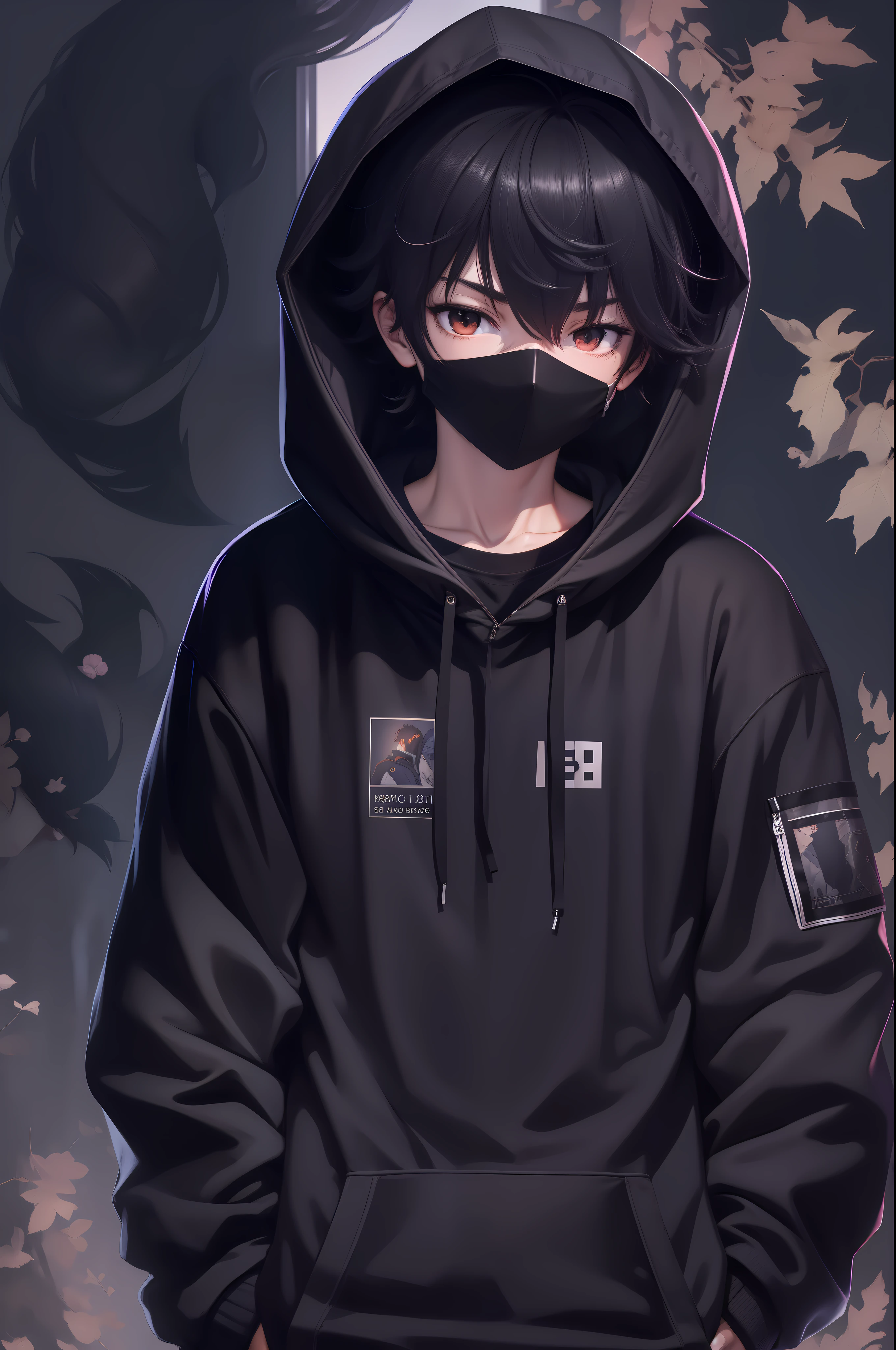 Garçon anime en sweat-shirt noir Capuche en sweat-shirt noir cheveux noirs Yeux noirs Masque noir complet Mains dans les poches Portrait détaillé du garçon anime