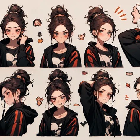 19 year old, redhead girl, shoulder length hair, corkscrew hairstyle ，emoji pack，9 emojis，emoji sheet，Align arrangement，9 poses and expressions，Anthropomorphic style，Disney style，Black strokes，9 different emotions，9 poses and expressions，8K