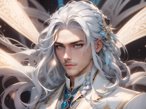 1guy, gorgeous dapper Elysian male with perfect balance of masculine and feminine features, (stunning long pure white hair, 1braid), white and powder blue tetradic colors, perfect anatomy, approaching perfection, stern gold eyes, 8k resolution, (Single per...