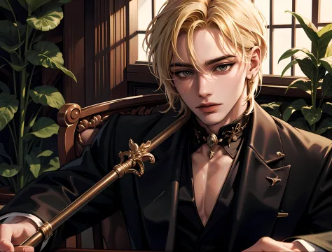 absurdres, gorgeous dapper man standing with a cane in hand in a greenhouse, blonde hair, fair skin, seductive ice white eyes, 1...