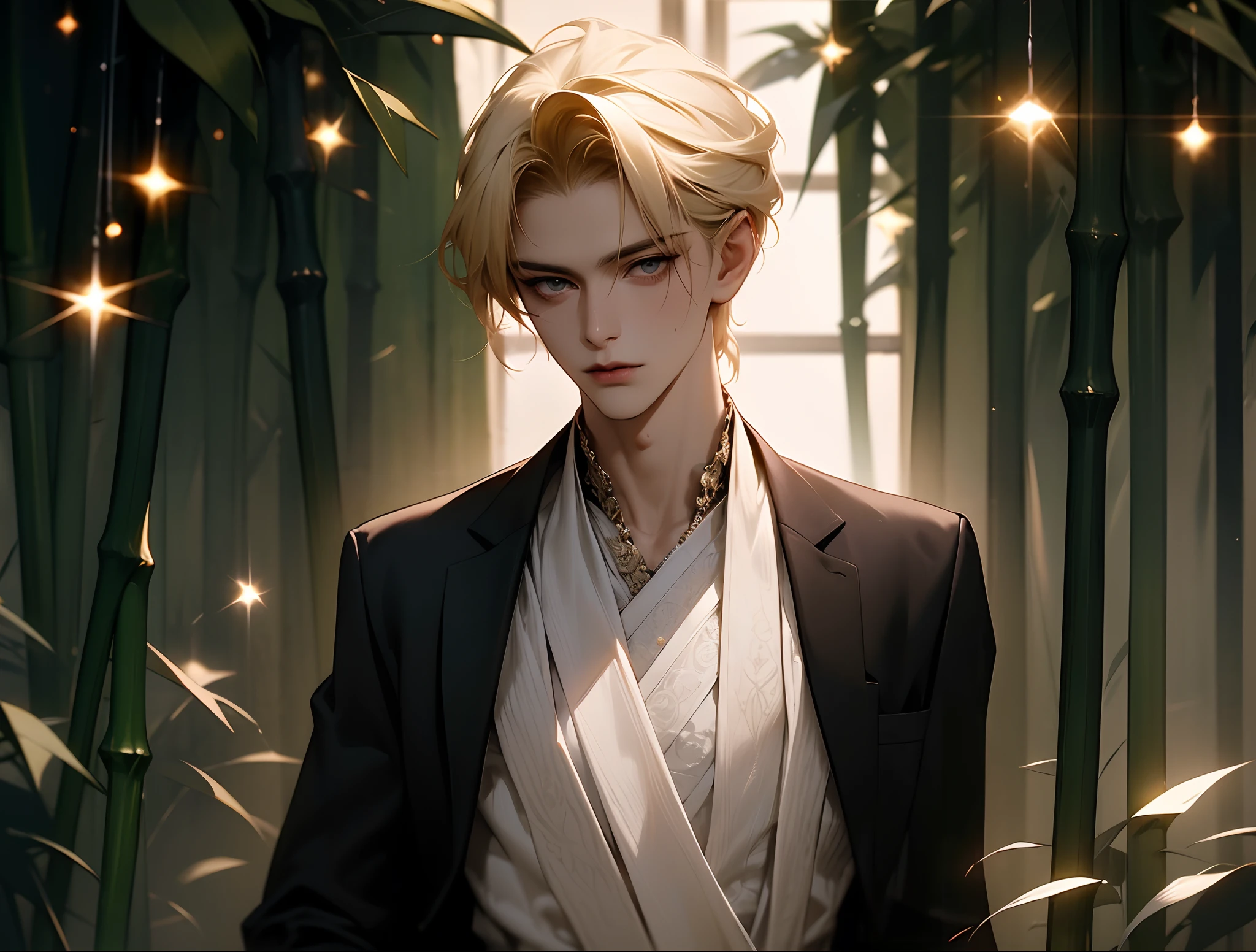 absurdres, gorgeous dapper man standing with a cane in hand in a greenhouse, blonde hair, fair skin, seductive ice white eyes, 1boy, 8k resolution, (Single person), he is dashing and the most stunning man in the universe, masterpiece, perfect face:1.2), intricate details, shot with Sony A7 IV for HD image quality, gothic renaissance, volumetric lighting