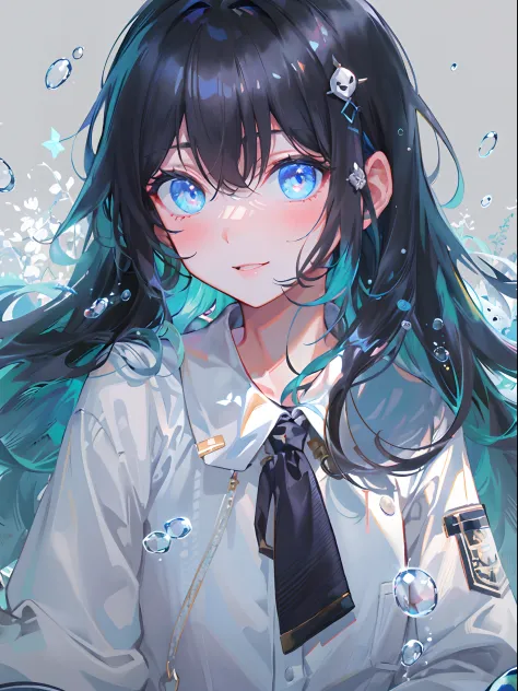 ((top-quality)), ((​masterpiece)), ((ultra-detailliert)), (extremely delicate and beautiful), girl with, 独奏, cold attitude,((Black jacket)),She is very(relax)with  the(Settled down)Looks,A dark-haired, depth of fields,evil smile,Bubble, under the water, Ai...