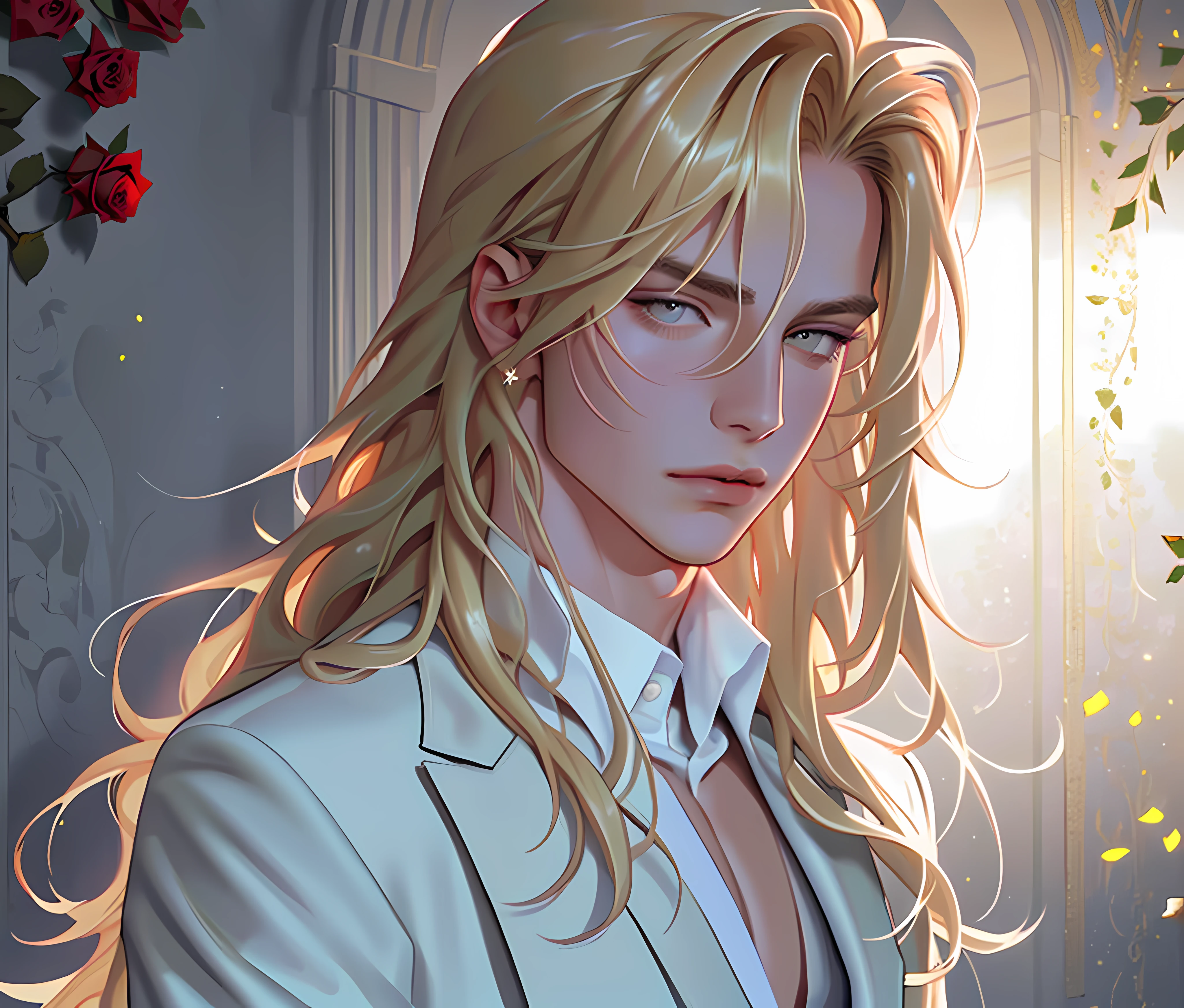 masterpiece, highest quality, (perfect face:1.1), (high detail:1.1), elysian with long voluminous pale blonde hair, soft hair, olive eyes, solo ,1guy, long hair, white luxury suit, Rose Garden detailed background, realistic, covered navel, pouty lips, curvy guy, perfectly drawn face, cinematic lighting, balenciaga, glitter