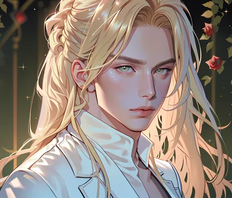 masterpiece, highest quality, (perfect face:1.1), (high detail:1.1), elysian with long voluminous pale blonde hair, soft hair, olive eyes, solo ,1guy, long hair, white luxury suit, Rose Garden detailed background, realistic, covered navel, pouty lips, curv...