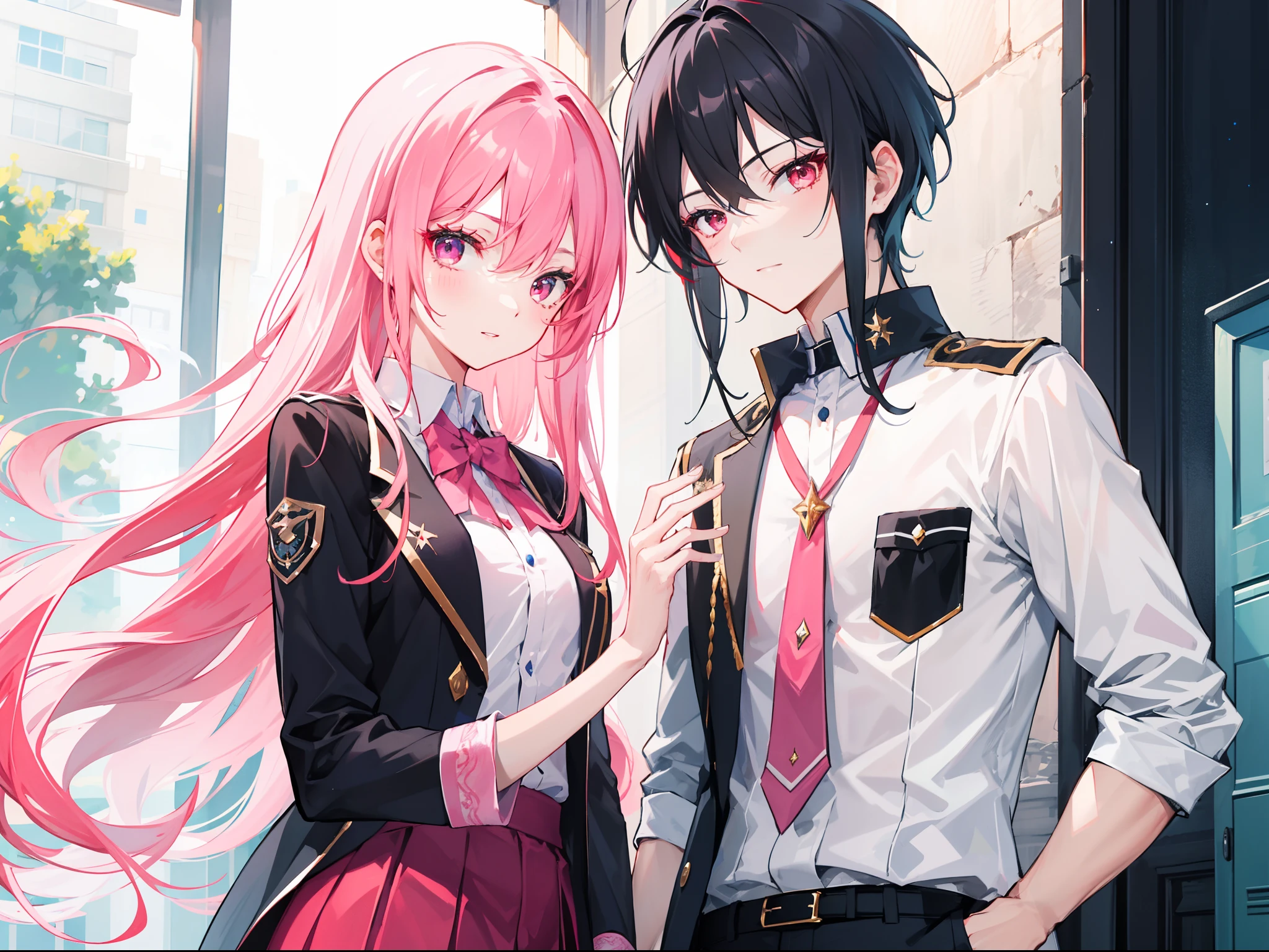 Generate two couples, the boy is a black haired with red eyes, and the girl is a pink haired with pink eyes. They were both wearing magic academy uniform.