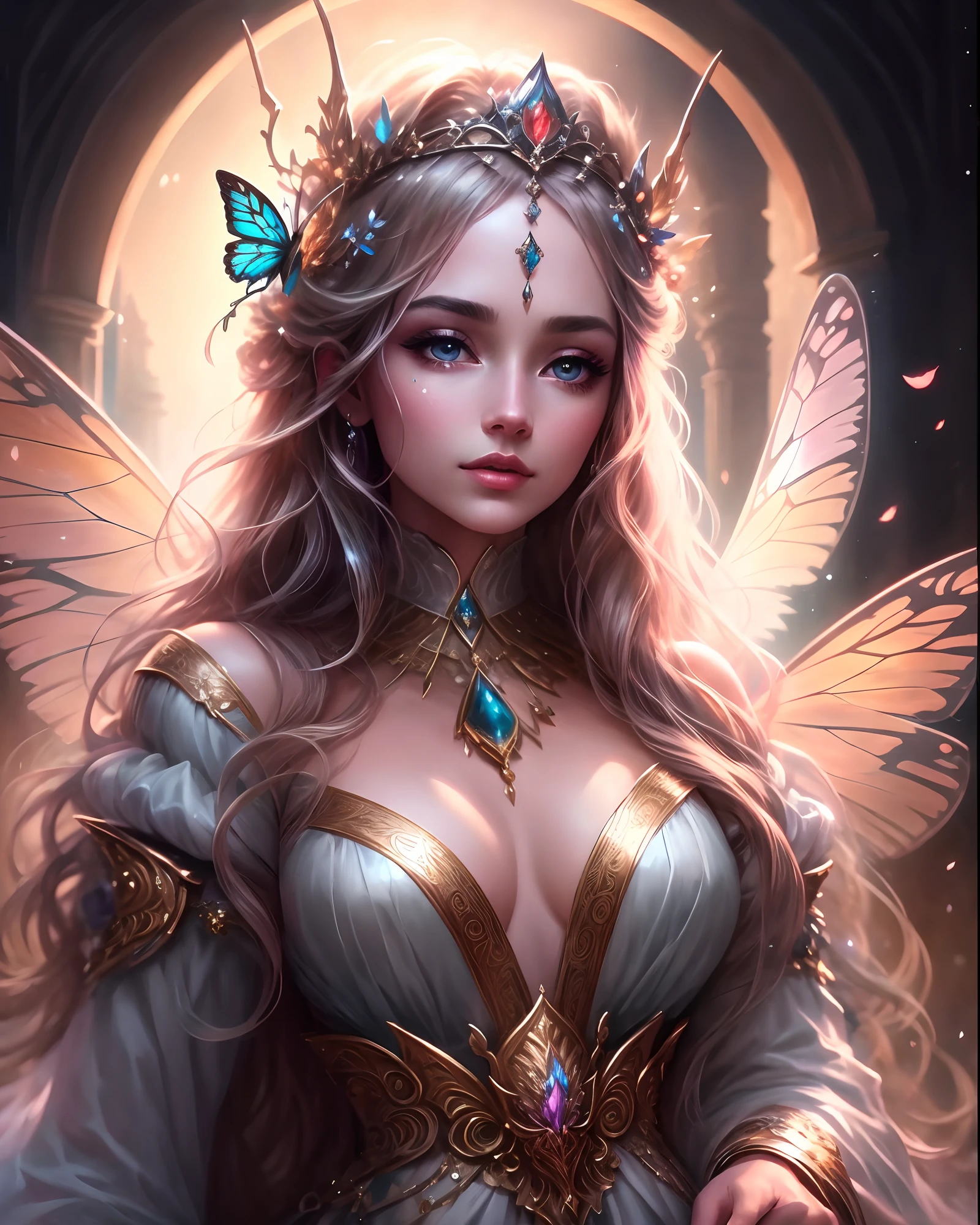 masterpiece, ultra wide shot, award winning shot, a woman with long hair and a crown on her head, beautiful butterfly wings on back, beautiful fantasy art, beautiful fantasy art portrait, beautiful fantasy portrait, very beautiful fantasy art, ethereal beauty, fantasy art style, detailed fantasy art, beautiful fantasy maiden, detailed fantasy digital art, beautiful maiden, digital fantasy art ), amazing fantasy art, a stunning portrait of a goddess, fantasy art portrait, beautiful detailed fantasy, Canon 2000D, UHD