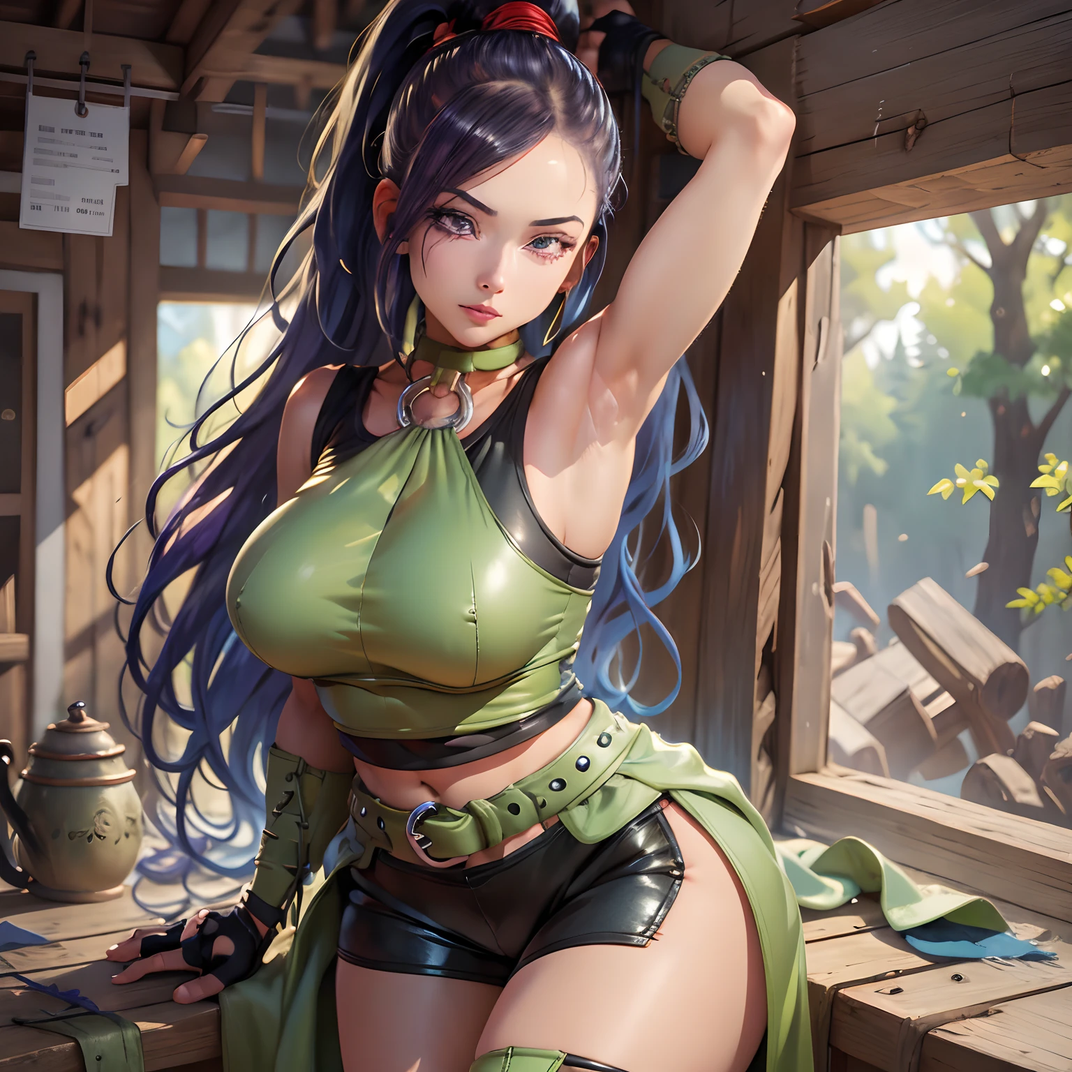 masterpiece, Best Quality, hight resolution, 32k, 1girl in, (hyper detailed Martina:1.1), PURPLE EYES, PURPLE HAIR, VERY LONG HAIR, PONYTAIL, HAIR SCRUNCHIE, GREEN CHOKER, O-RING TOP, TANK TOP, SLEEVELESS, FINGERLESS GLOVES, GREEN GLOVES, WAIST CAPE, BLACK SHORTS, GREEN BELT, BOOTS, (see through huge  and nipples under clothe:1.25, exposed armpits:1.1), (in abandoned hut:1.3, in a deep forest:1.1),