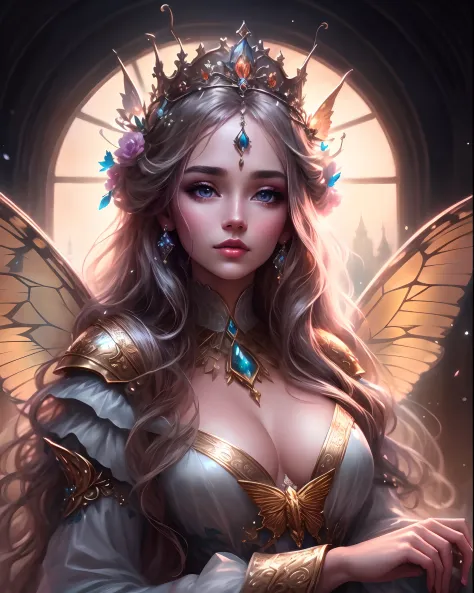 masterpiece, ultra wide shot, award winning shot, a woman with long hair and a crown on her head, beautiful butterfly wings on back, beautiful fantasy art, beautiful fantasy art portrait, beautiful fantasy portrait, very beautiful fantasy art, ethereal bea...