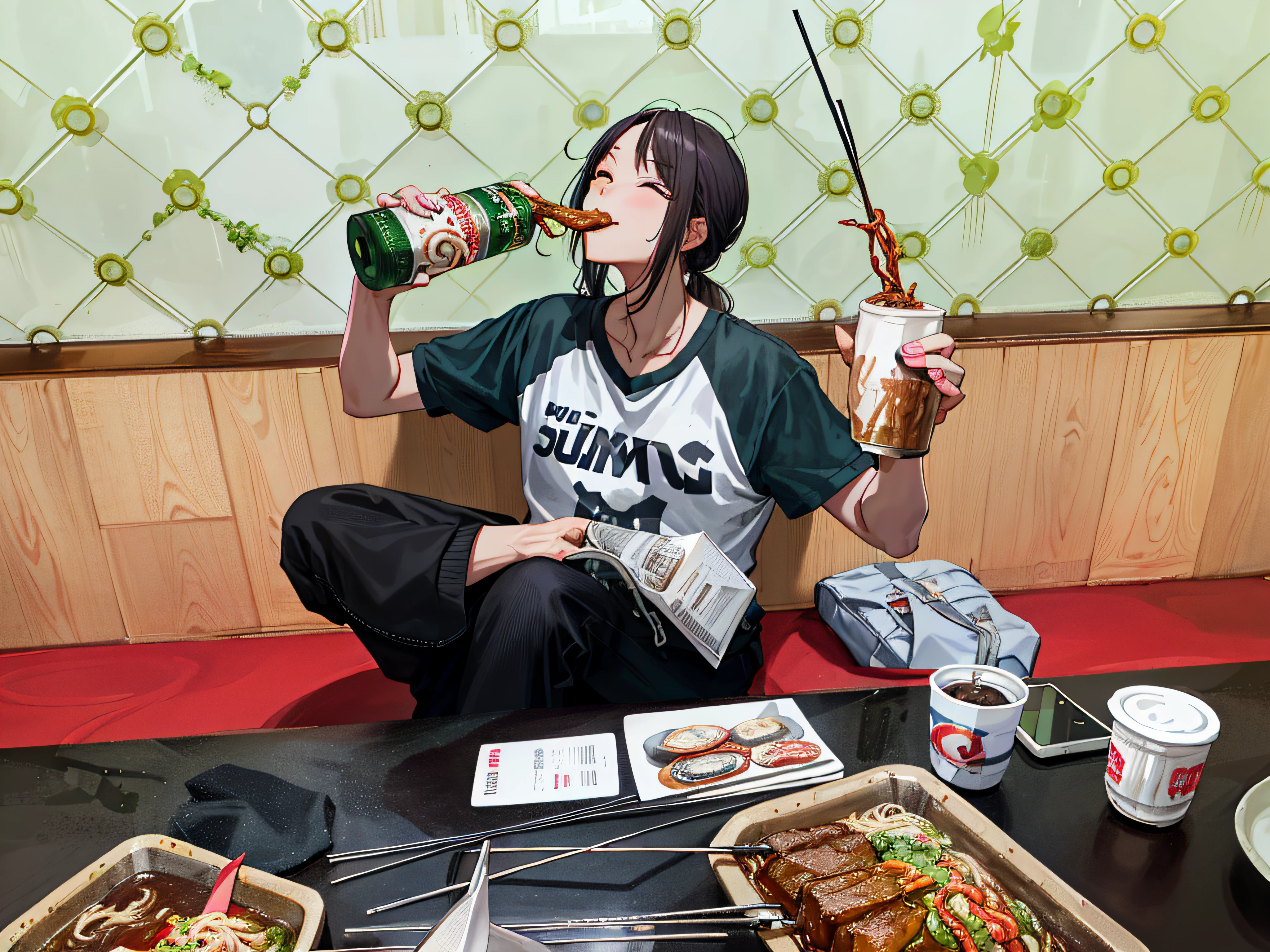 The woman sits at the table，Food and drinks in front of you, mukbang, Eating, Eating noodles, 8K)), taken with sigma 2 0 mm f 1. 4, anime girls drink Energy drink, very very low quality picture, drinking beer, taken with sony alpha 9, eating meat, shot with sigma f/ 4.2