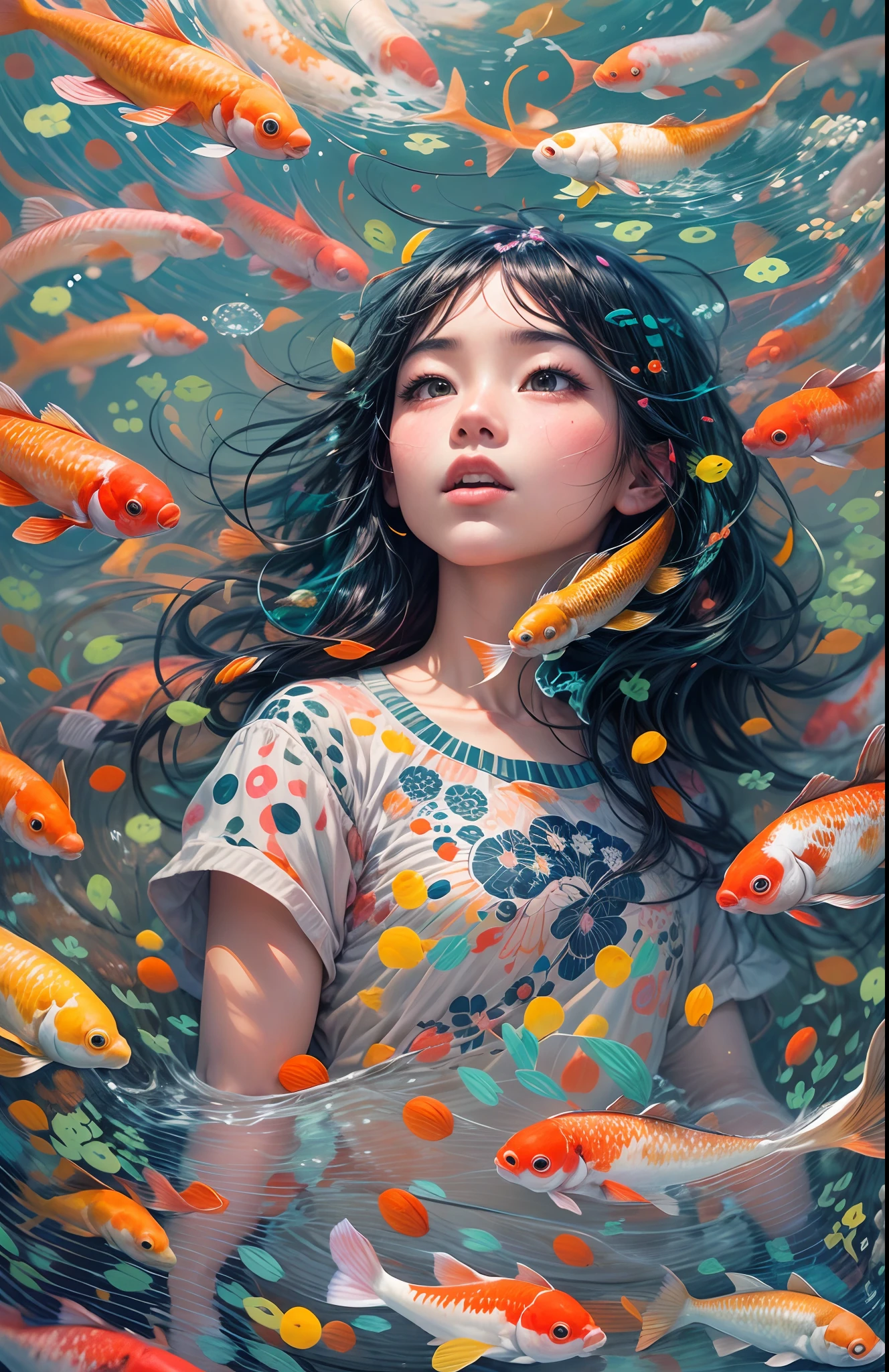 masterpiece, concept art, Picture a scene resonating with serenity and imagination. A young girl engrossed in a captivating novel, accompanied by a harmonious sky backdrop. Koi fishes dance gracefully around her, their vibrant colors popping against the serene sky. This exquisite artwork is a tribute to contemporary artist Yayoi Kusama, featuring intricate patterns and captivating play of color and light.
