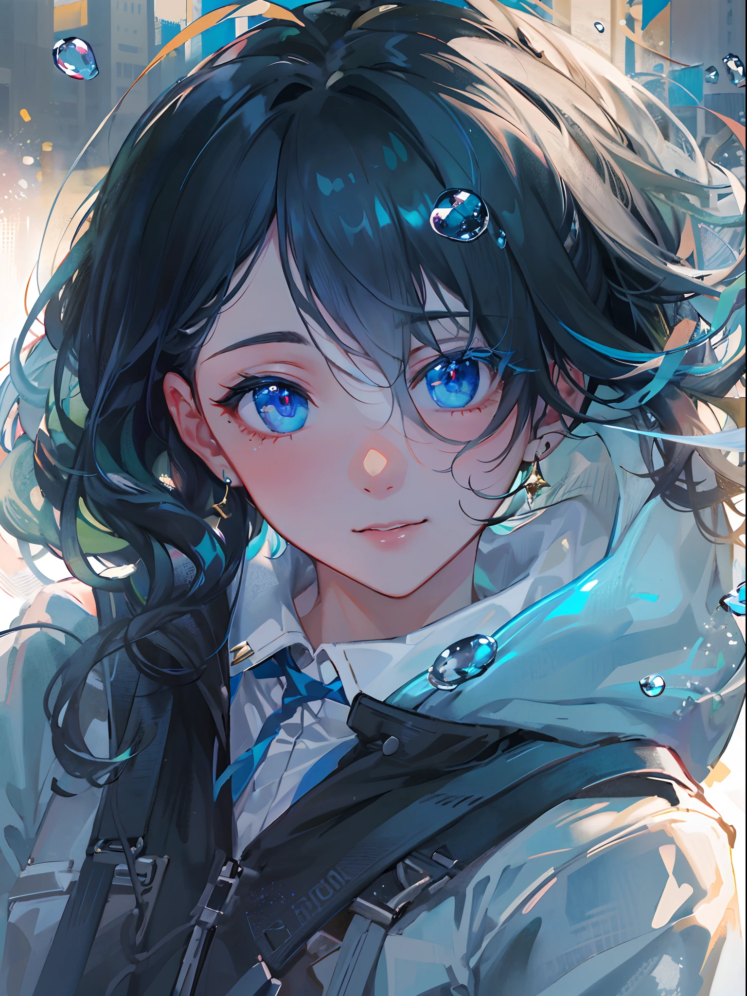 ((top-quality)), ((​masterpiece)), ((Ultra-detail)), (extremely delicate and beautiful), girl with, solo, cold attitude,((Black jacket)),She is very(relax)with  the(Settled down)Looks,A darK-haired, depth of fields,evil smile,Bubble, under the water, Air bubble,bright light blue eyes,Inner color with black hair and light blue tips,Cold background,Bob Hair - Linear Art, shortpants、knee high socks、White uniform like 、Light blue ribbon ties、Clothes are sheer、Hands in pockets、Ponytail hair、