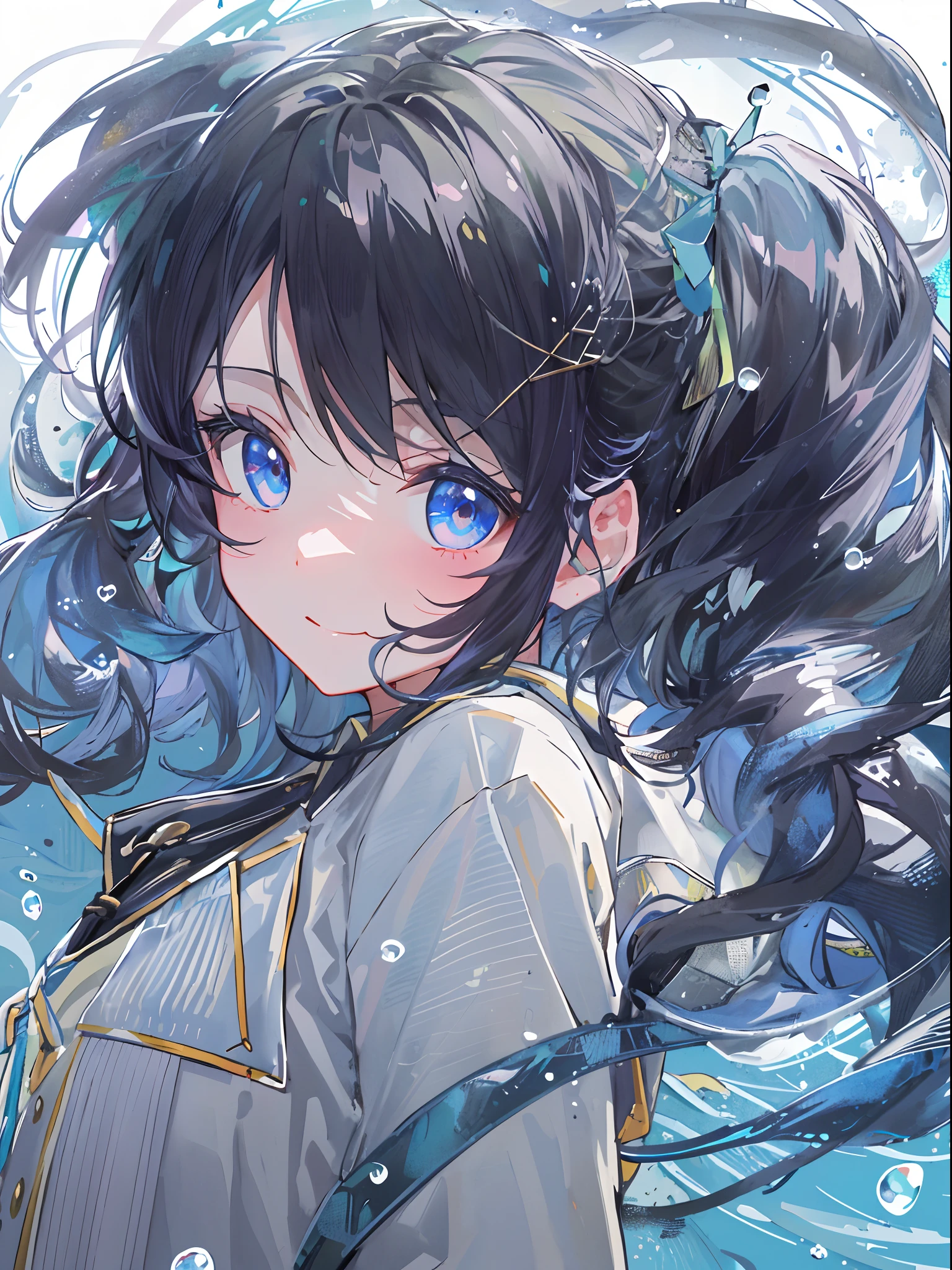 ((top-quality)), ((​masterpiece)), ((Ultra-detail)), (extremely delicate and beautiful), girl with, solo, cold attitude,((Black jacket)),She is very(relax)with  the(Settled down)Looks,A darK-haired, depth of fields,evil smile,Bubble, under the water, Air bubble,bright light blue eyes,Inner color with black hair and light blue tips,Cold background,Bob Hair - Linear Art, shortpants、knee high socks、White uniform like 、Light blue ribbon ties、Clothes are sheer、Hands in pockets、Ponytail hair、
